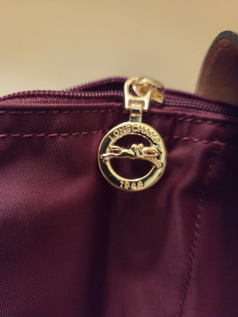 Longchamp Burgundy Nylon Backpack with Brown Leather Flap